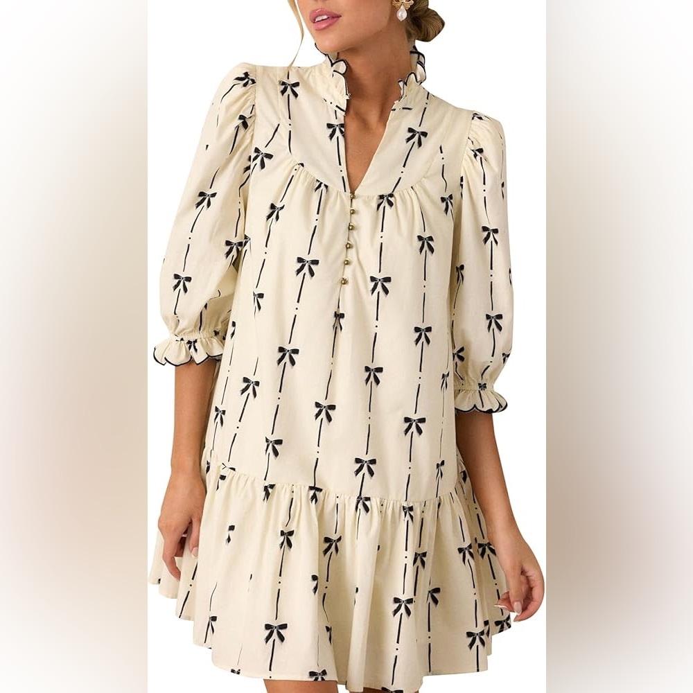 Bow Print Mini Dress Babydoll Size M Medium Women Puff 3/4”Sleeve White & Black